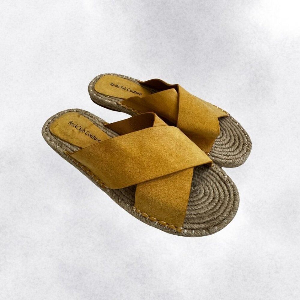 RockClub Couture Women's Mustard Yellow Suede Strap Espadrille Slides Size 9 - Picture 3 of 8